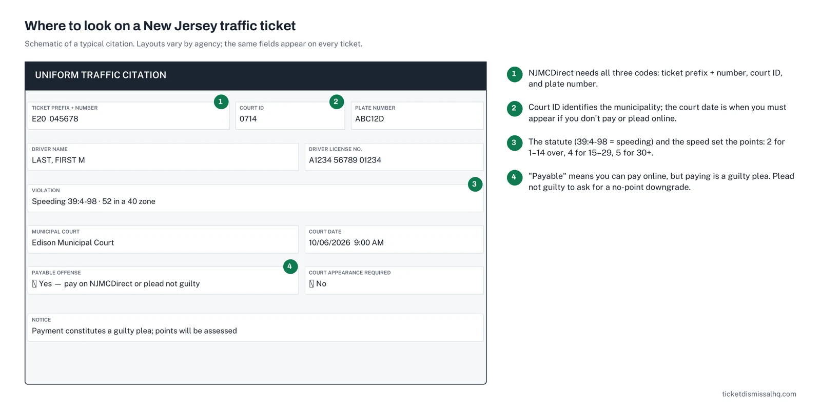 Annotated schematic of a New Jersey traffic ticket showing the ticket prefix and number, court ID, plate number and statute used on NJMCDirect