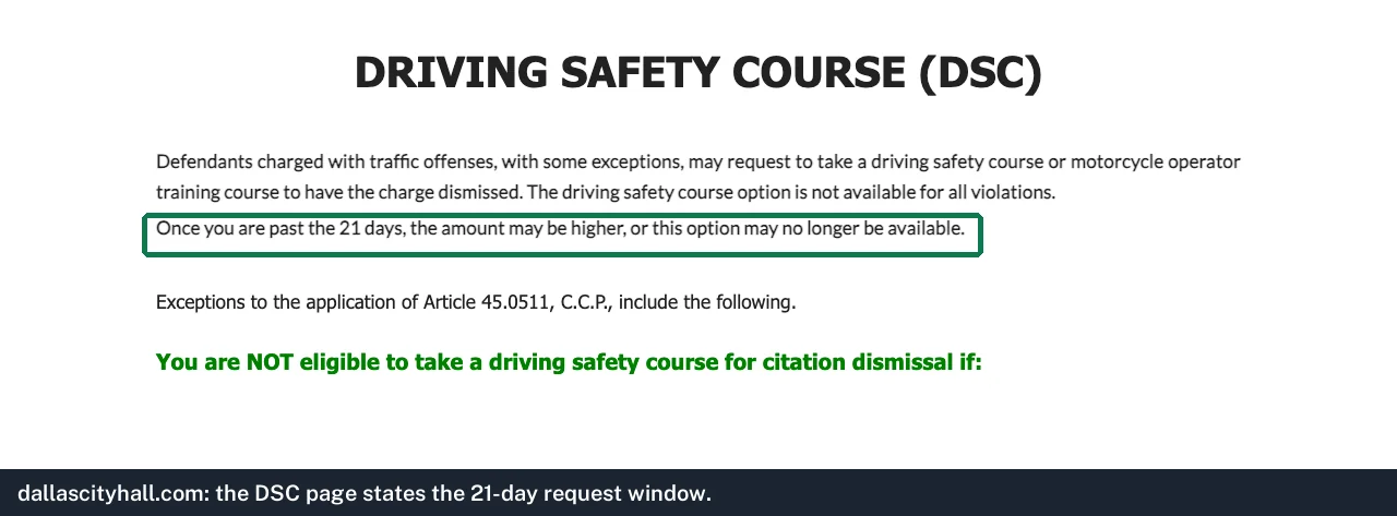 Screenshot of the Dallas Municipal Court driving safety course page with the 21-day request window highlighted