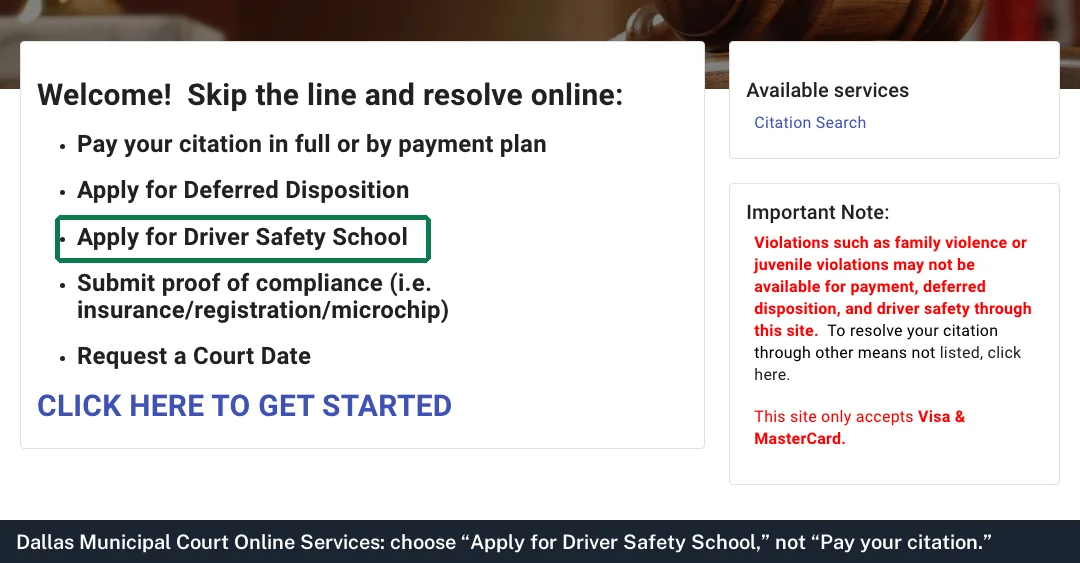 Screenshot of Dallas Municipal Court Online Services with the u201cApply for Driver Safety Schoolu201d option highlighted