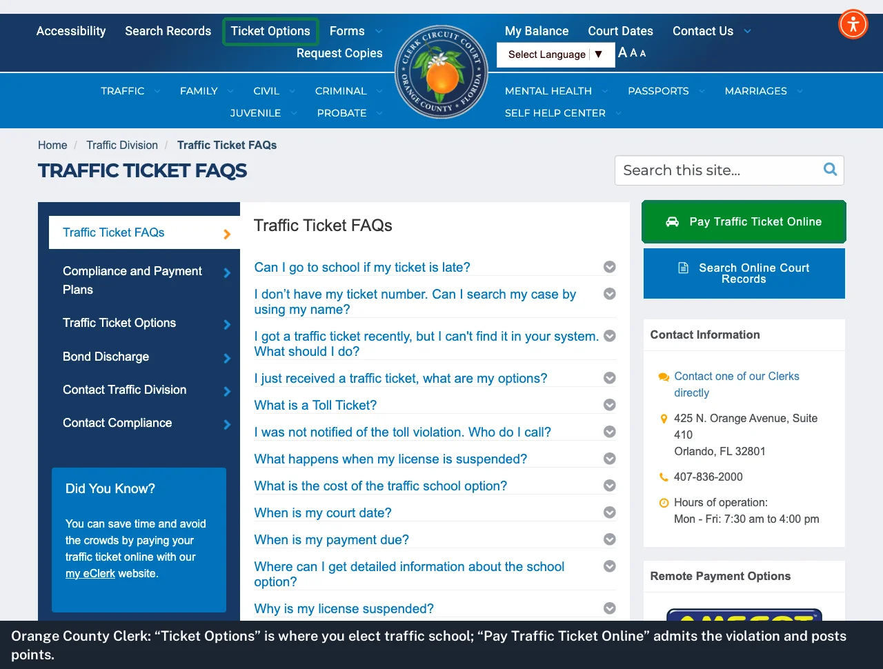 Screenshot of the Orange County Clerk of Court traffic page with Ticket Options and Pay Traffic Ticket Online highlighted
