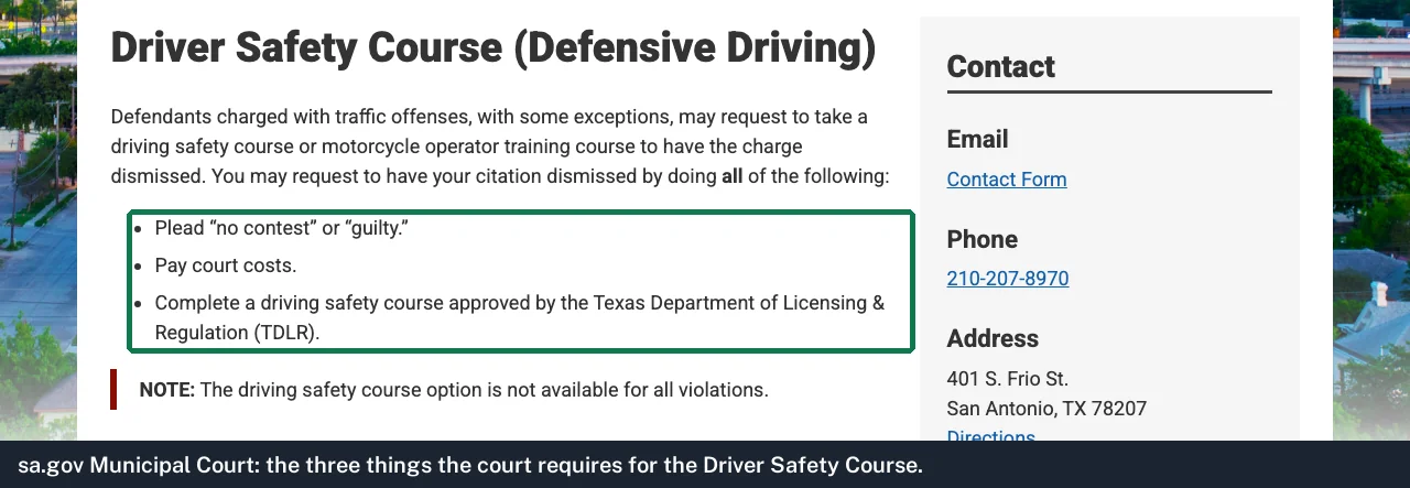Screenshot of the San Antonio Municipal Court Driver Safety Course page listing the three requirements